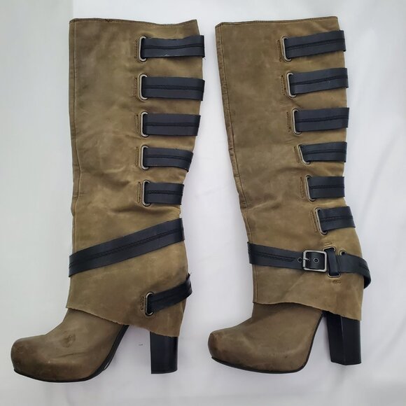 Unique Distressed Olive Green Leather Combat/Moto Boots | Multi-Strap Buckle 8.5 - Picture 6 of 11